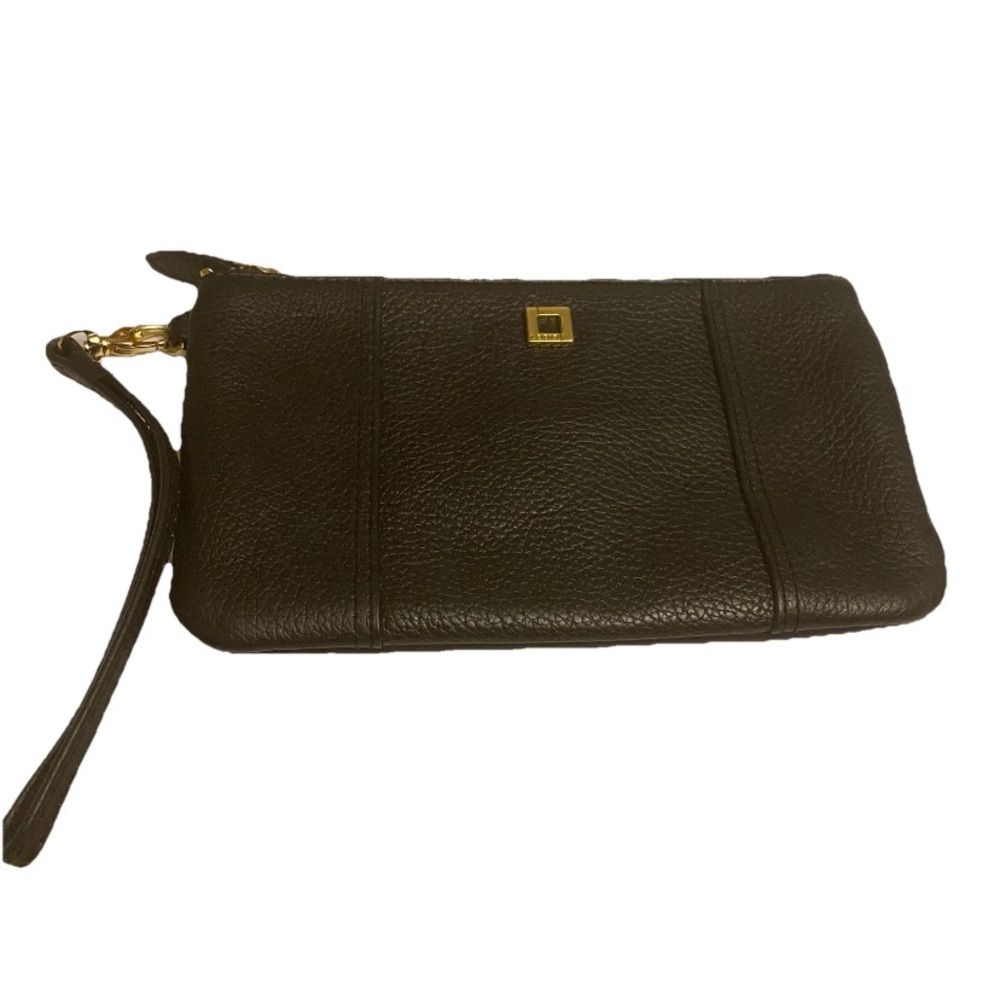 LODIS Logo Pebble Black Leather Zipper Wristlet Clutch with Gold Accents. - Picture 1 of 8